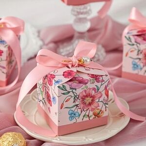 Pink Floral Party Favor Boxes with Satin Ribbon